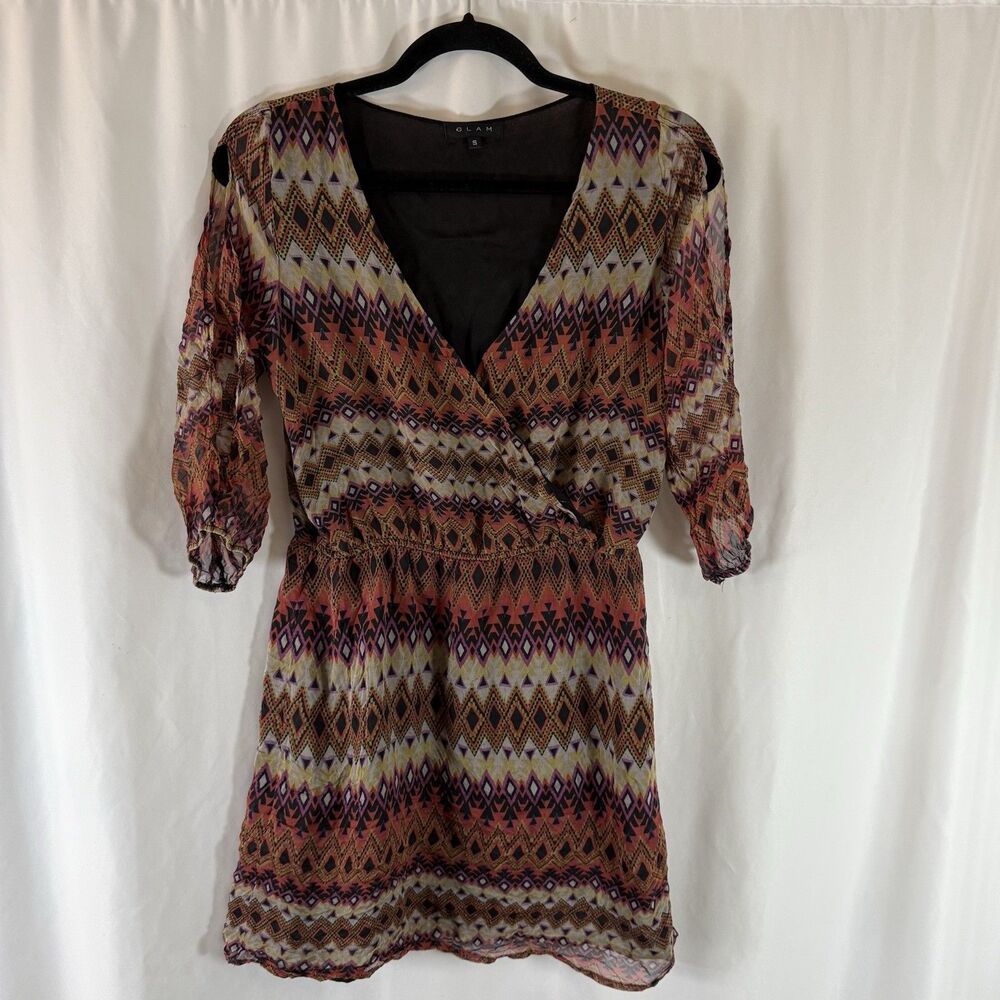 Glam Silk Dress Women's Small Brown Multicolor Vneck Semi Sheer Pullover Light - Picture 1 of 11